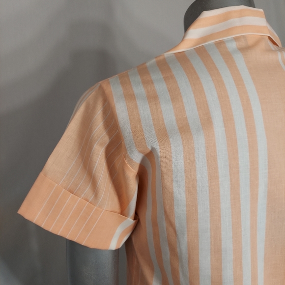 Vintage Blair Top Button Collar Short Sleeve Vertical Stripe Large Retro Coral - Picture 6 of 6